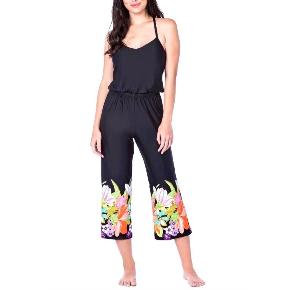 Trina Turk Swim Spa Collection Floral Border Print Wide Leg Jumpsuit NWT Size S